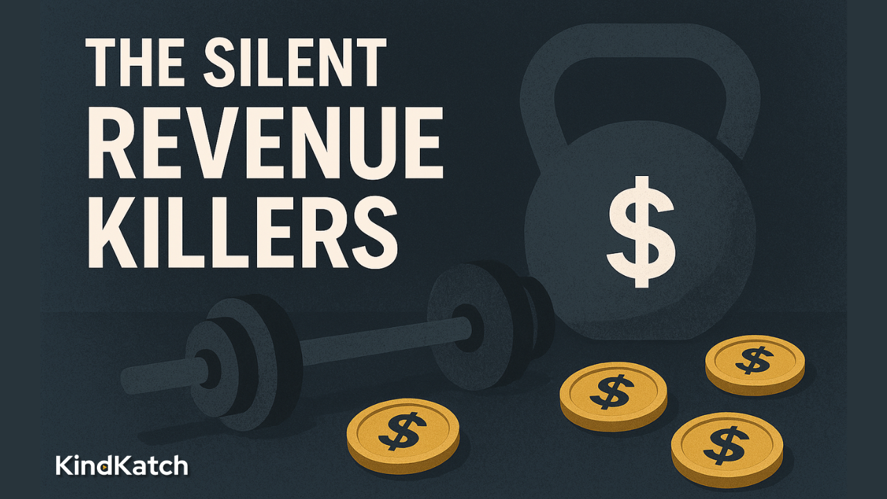 Dark blue fitness-themed header image featuring weights, coins, and bold text that says "The Silent Revenue Killers".